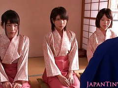 Japanese Nudes presents: Petite femdom japanese kimono babes jump on dude